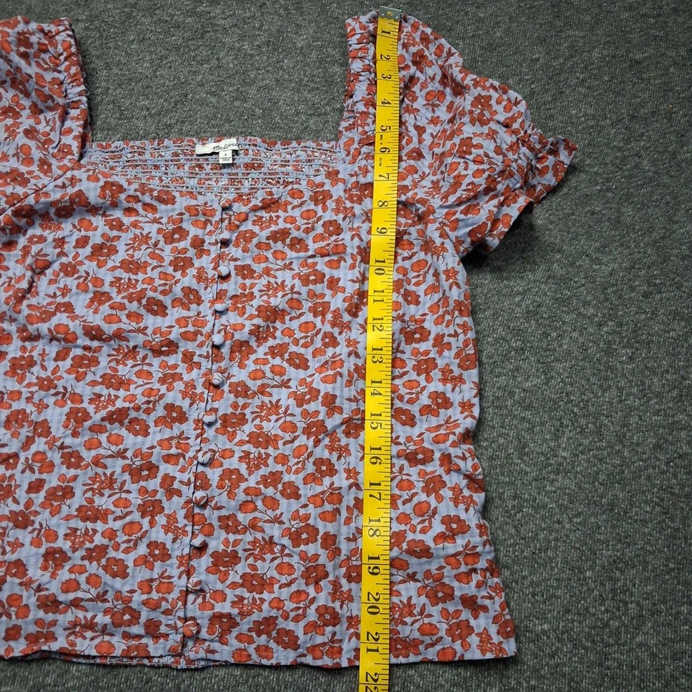 Madewell Floral Feminine Dainty Button-Front Puff Sleeve Top Blue Red Size 0
